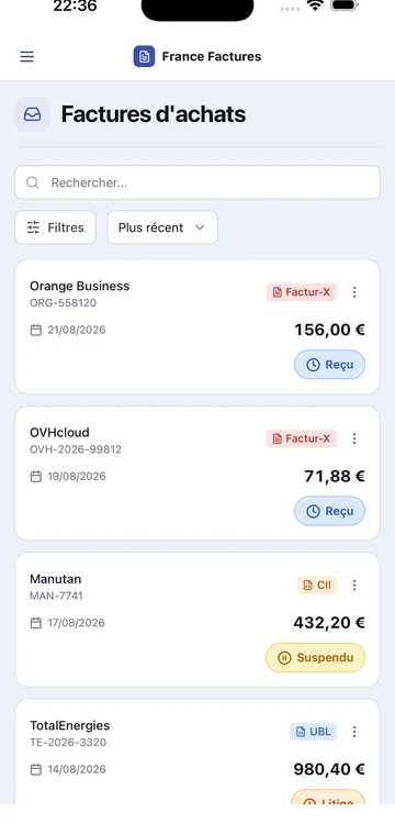 Écran de l'application mobile France Factures : liste des factures d'achats reçues (Orange Business, OVHcloud, Manutan)